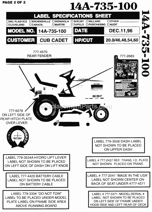 Labels (Cont.) Diagram and Parts List for 2086 880001-899000, 14A-735-100, 146-735-100 Cub Cadet Lawn Tractor